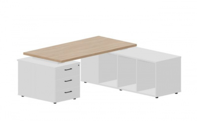 Стол на опорной тумбе 3 ящика и опорной сервисной тумбе (правый) 180(+30/45/60)0х1800х73.50мм, толщ.сто NR180T3TSDOWBLBLBL светлый дуб белый