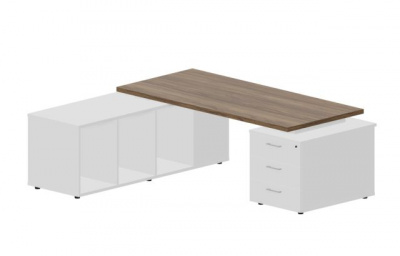 Стол на опорной тумбе 3 ящика и опорной сервисной тумбе (левый) 200(+0/15/30/45/60)0х1800х73.50мм NR200T3TSGWNBLBLBL орех белый